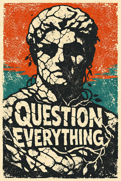 Example output from the Graphic Silhouette Typography Posters ChatGPT prompt: a poster reading Question Everything carved into a cracked classical bust silhouette on an orange and teal background.