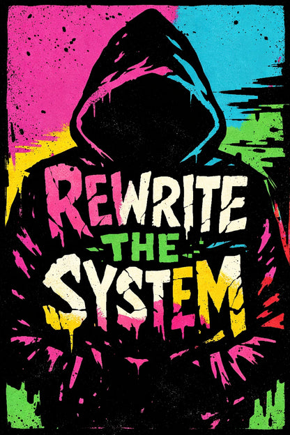 Example output from the Graphic Silhouette Typography Posters ChatGPT prompt: a poster reading Rewrite The System carved inside a hooded figure silhouette against pink, cyan and yellow spray textures.