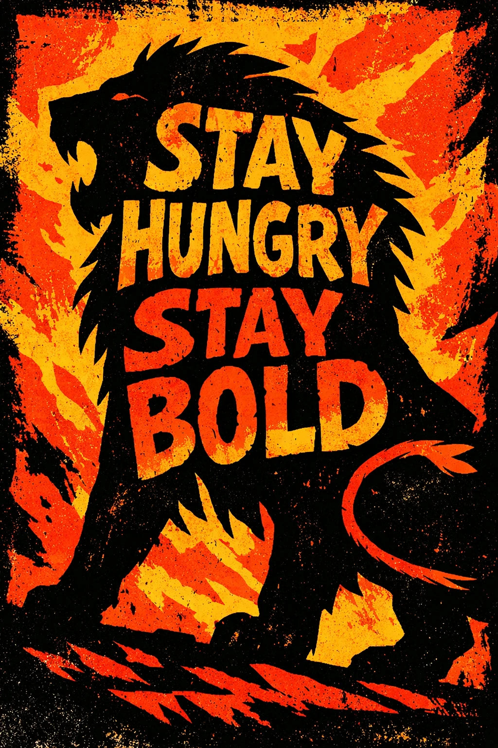 Example output from the Graphic Silhouette Typography Posters ChatGPT prompt: a poster reading Stay Hungry Stay Bold carved inside a black lion silhouette against a fiery orange and red background.