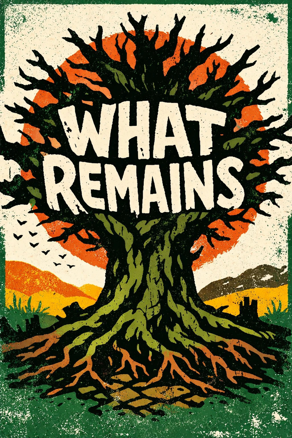 Example output from the Graphic Silhouette Typography Posters ChatGPT prompt: a poster reading What Remains carved inside a gnarled tree silhouette against a cream and orange sunset.