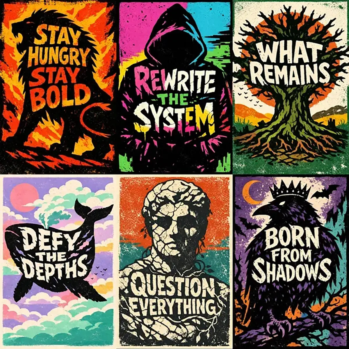 Example output from the Graphic Silhouette Typography Posters ChatGPT prompt: a six-poster grid of silhouette typography artwork with slogans carved inside a lion, hooded figure, tree, whale, classical bust and crowned raven, in flat colors with screenprint texture.
