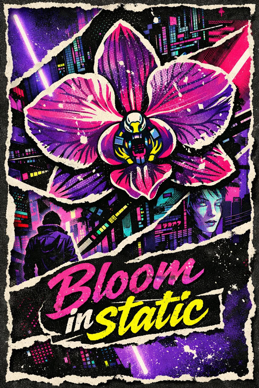 Example output from the Gritty Pop Collage Poster Designs ChatGPT prompt: a poster reading Bloom in static, with a neon purple orchid over a cyberpunk city skyline and torn paper edges.