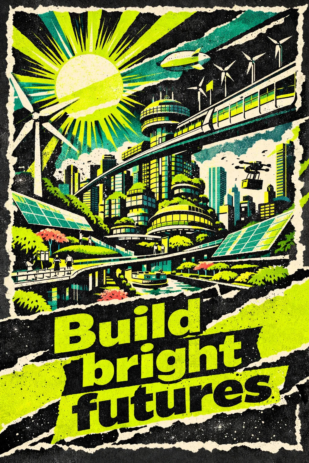 Example output from the Gritty Pop Collage Poster Designs ChatGPT prompt: a poster reading Build bright futures, with a green solarpunk city, monorail and wind turbines under a neon sun.