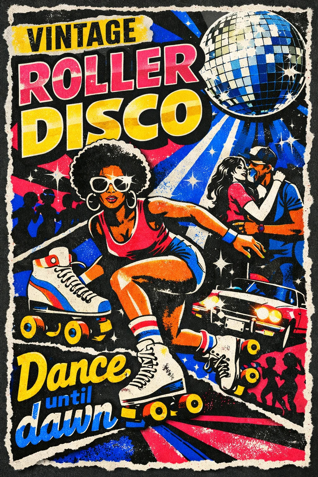 Example output from the Gritty Pop Collage Poster Designs ChatGPT prompt: a Vintage Roller Disco poster reading Dance until dawn, with a roller skater, disco ball and red, yellow and blue collage textures.