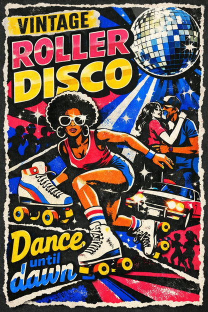 Example output from the Gritty Pop Collage Poster Designs ChatGPT prompt: a Vintage Roller Disco poster reading Dance until dawn, with a roller skater, disco ball and red, yellow and blue collage textures.