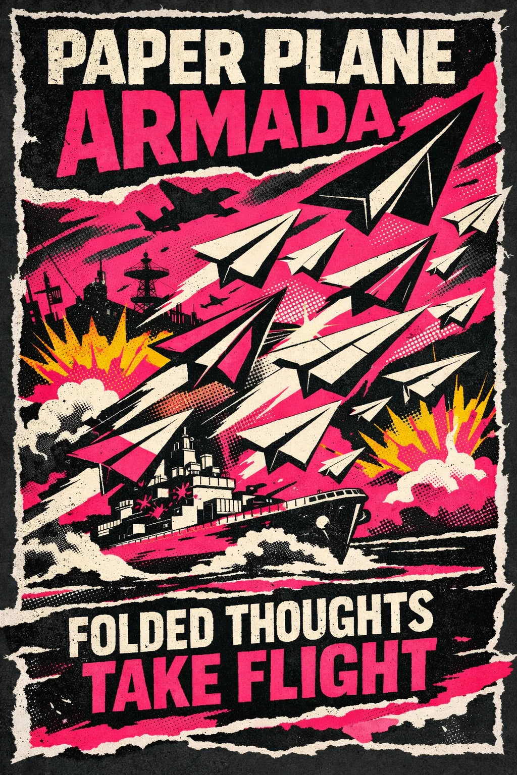 Example output from the Gritty Pop Collage Poster Designs ChatGPT prompt: a gritty pop-art collage poster reading Folded thoughts take flight, with torn paper edges, halftone texture and neon type.