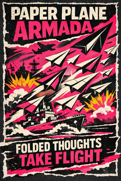 Example output from the Gritty Pop Collage Poster Designs ChatGPT prompt: a gritty pop-art collage poster reading Folded thoughts take flight, with torn paper edges, halftone texture and neon type.