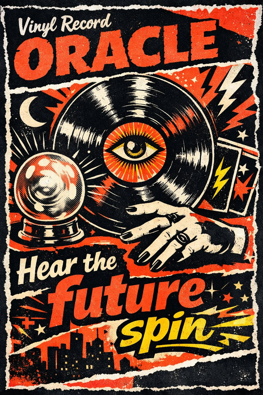 Example output from the Gritty Pop Collage Poster Designs ChatGPT prompt: a Vinyl Record Oracle poster reading Hear the future spin, with a vinyl record, all-seeing eye and crystal ball in red and black.