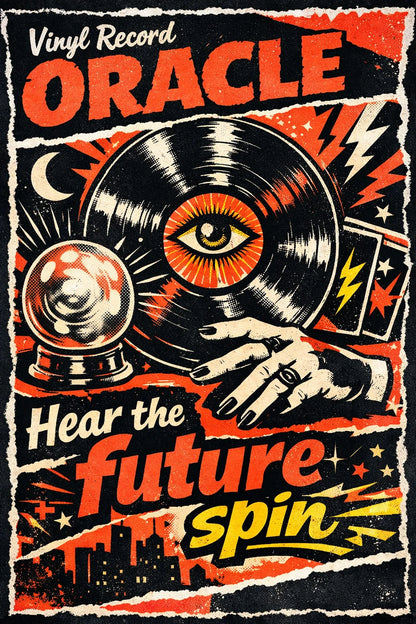 Example output from the Gritty Pop Collage Poster Designs ChatGPT prompt: a Vinyl Record Oracle poster reading Hear the future spin, with a vinyl record, all-seeing eye and crystal ball in red and black.
