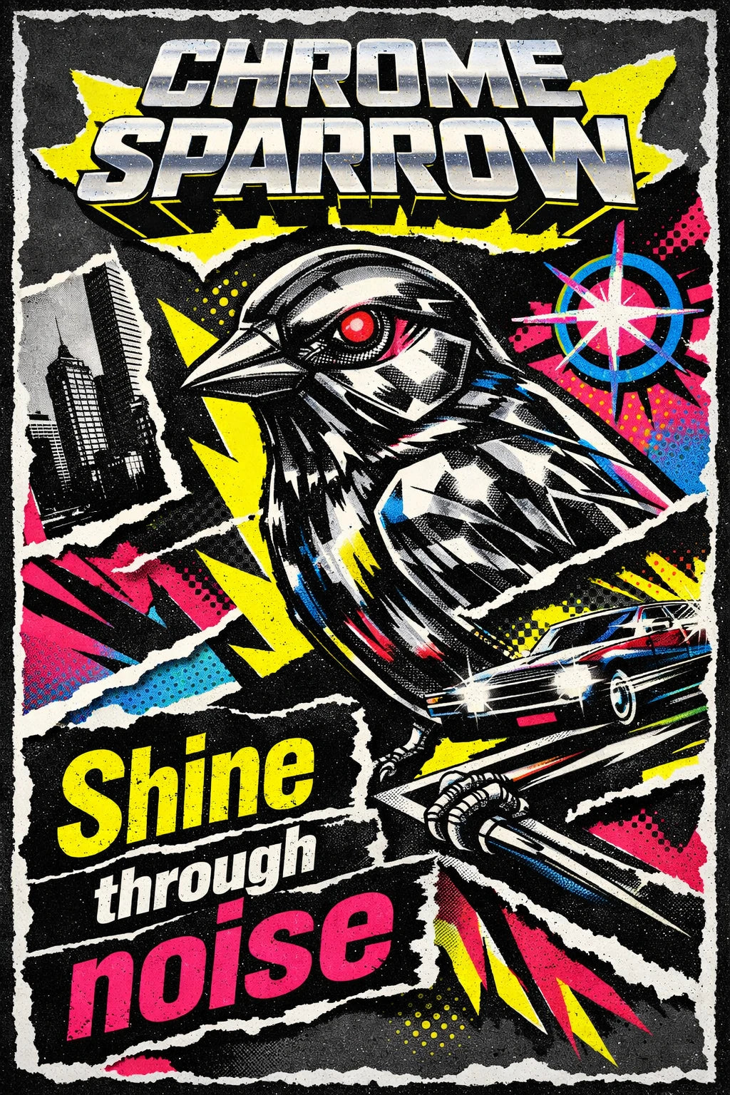 Example output from the Gritty Pop Collage Poster Designs ChatGPT prompt: a gritty pop-art collage poster reading Shine through noise, with torn paper edges, halftone texture and neon type.