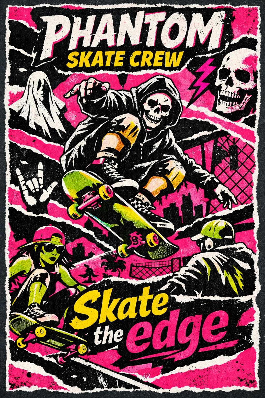 Example output from the Gritty Pop Collage Poster Designs ChatGPT prompt: a Phantom Skate Crew poster reading Skate the edge, with a hooded skeleton skater in hot pink and green halftone collage.