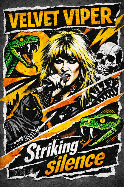 Example output from the Gritty Pop Collage Poster Designs ChatGPT prompt: a gritty pop-art collage poster reading Striking silence, with torn paper edges, halftone texture and neon type.
