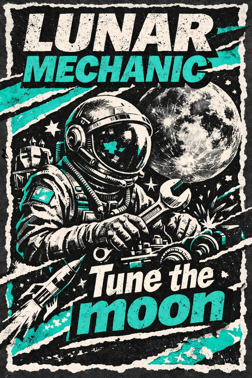 Example output from the Gritty Pop Collage Poster Designs ChatGPT prompt: a Lunar Mechanic poster reading Tune the moon, with an astronaut holding a wrench against a black and teal halftone moonscape.