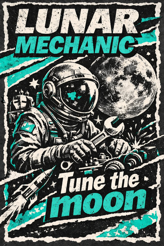 Example output from the Gritty Pop Collage Poster Designs ChatGPT prompt: a Lunar Mechanic poster reading Tune the moon, with an astronaut holding a wrench against a black and teal halftone moonscape.