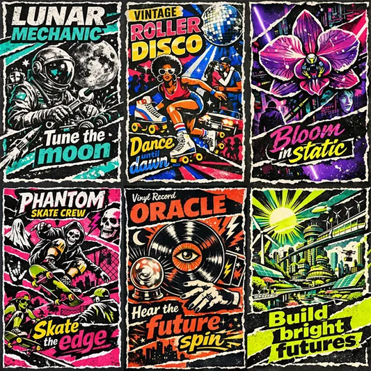 Example output from the Gritty Pop Collage Poster Designs ChatGPT prompt: a six-poster grid of gritty pop-art collage designs with torn paper edges, halftone textures and neon type, covering lunar mechanic, roller disco, cyber orchid, skate crew, vinyl oracle and solarpunk city themes.