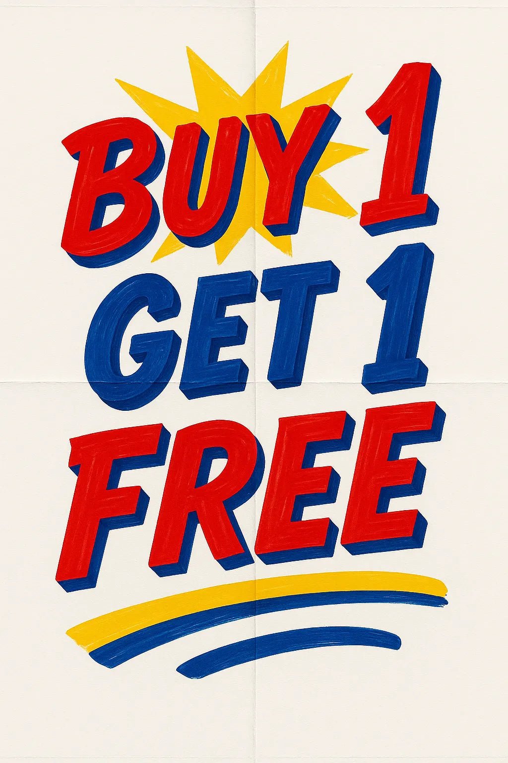 Example output of six hand-lettered bold retro poster texts generated by a ChatGPT prompt template. Buy 1, Get 1 Free.