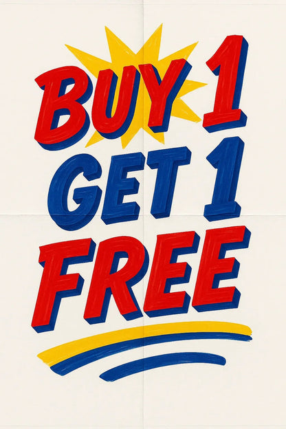 Example output of six hand-lettered bold retro poster texts generated by a ChatGPT prompt template. Buy 1, Get 1 Free.