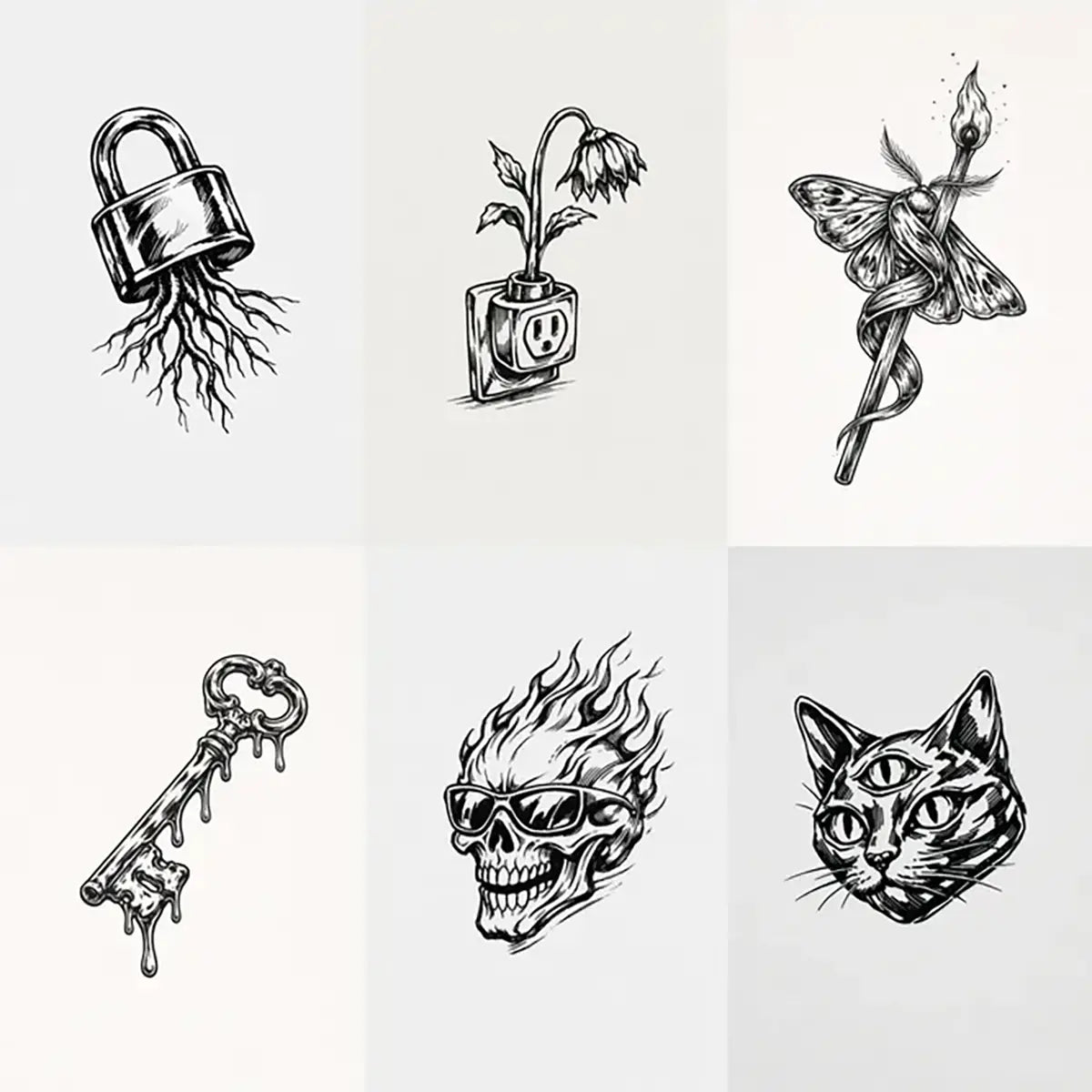 Example output from the Hand-Drawn Chrome Tattoo Sketch ChatGPT prompt: six minimalist tattoo-style illustrations featuring symbolic designs with hand-inked chrome illusion linework on clean light backgrounds.