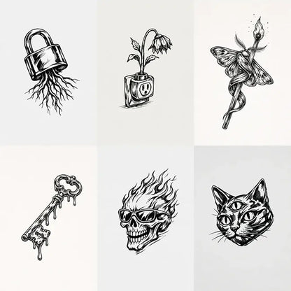 Example output from the Hand-Drawn Chrome Tattoo Sketch ChatGPT prompt: six minimalist tattoo-style illustrations featuring symbolic designs with hand-inked chrome illusion linework on clean light backgrounds.