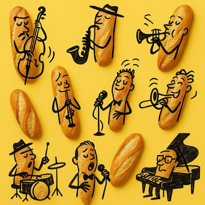 Example output from the Hand Drawn Doodles On Real Products ChatGPT prompt: photorealistic objects like food or tools transformed into charming characters using sketched doodles and bold, flat-color backgrounds. Baguette.
