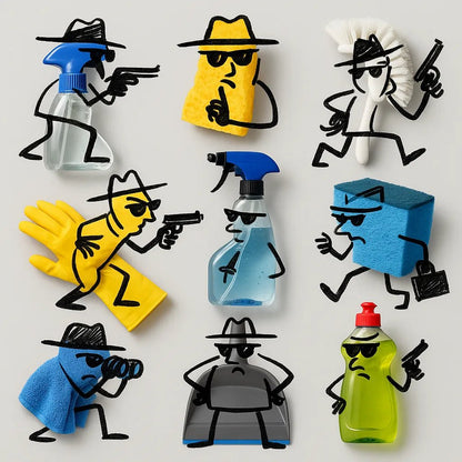 Example output from the Hand Drawn Doodles On Real Products ChatGPT prompt: photorealistic objects like food or tools transformed into charming characters using sketched doodles and bold, flat-color backgrounds. Cleaning Tools.