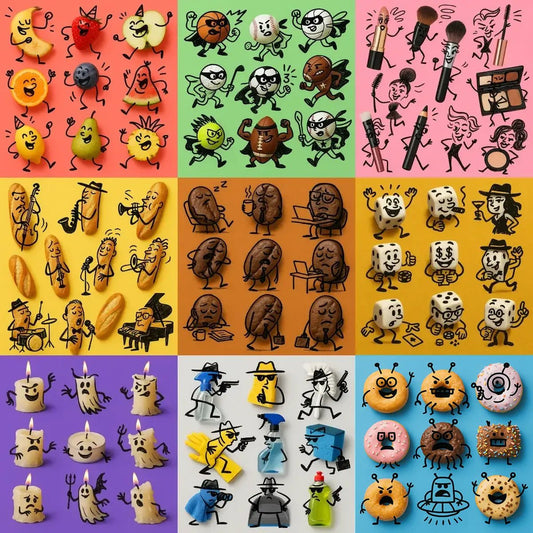 Example output from the Hand Drawn Doodles On Real Products ChatGPT prompt: photorealistic objects like food or tools transformed into charming characters using sketched doodles and bold, flat-color backgrounds.