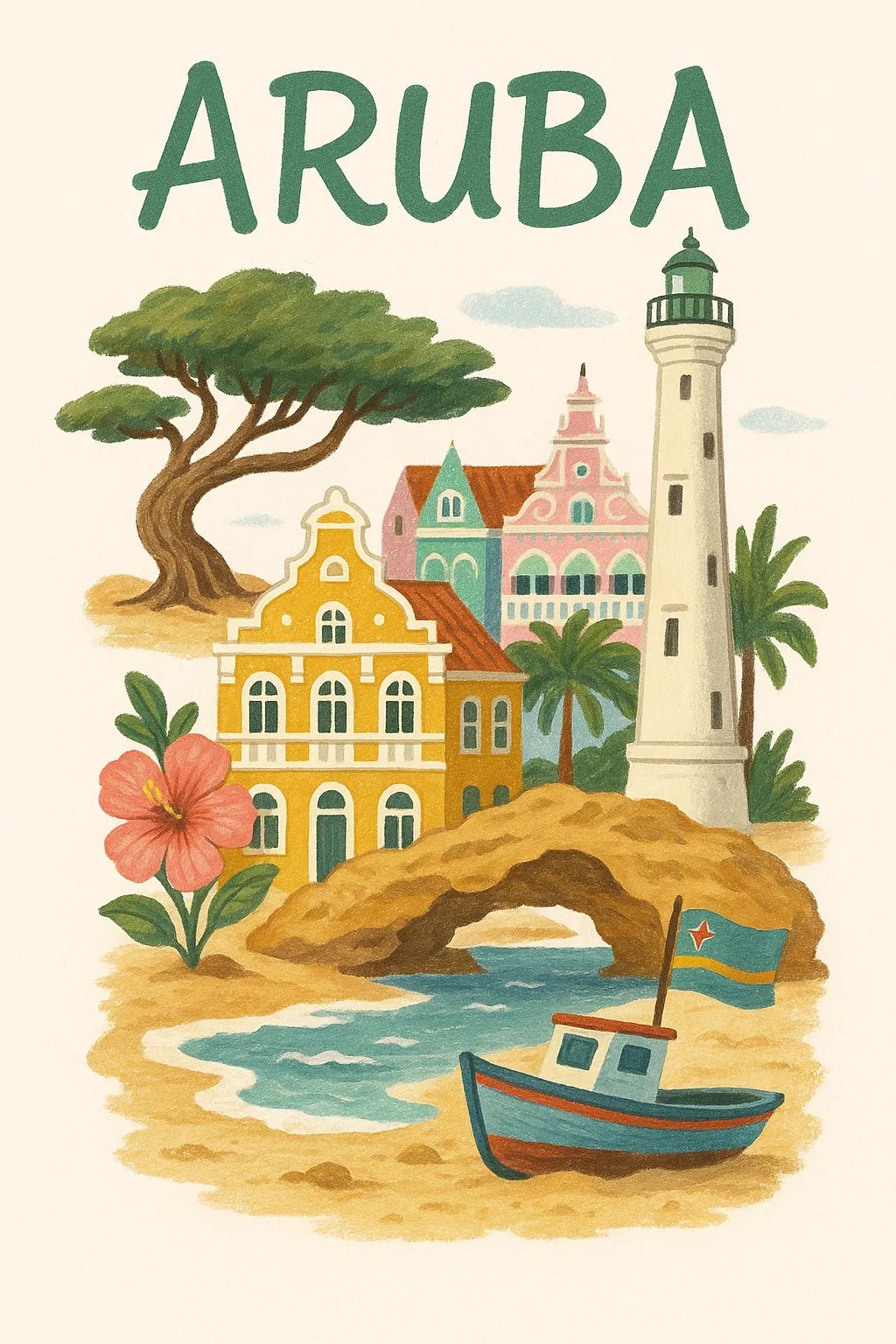 Example output from the Hand Illustrated Travel Poster ChatGPT prompt: Aruba