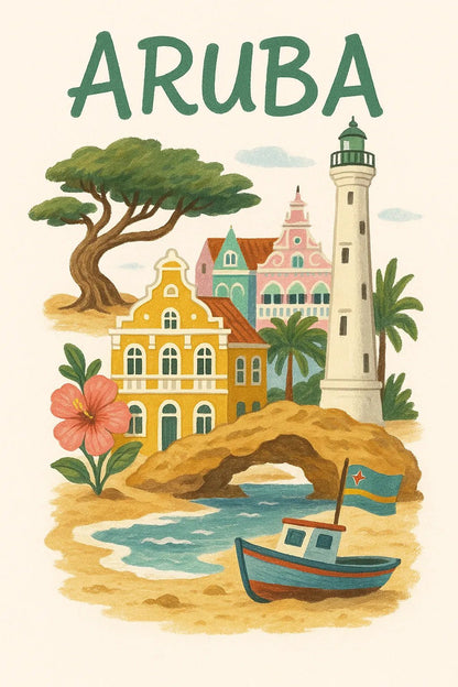 Example output from the Hand Illustrated Travel Poster ChatGPT prompt: Aruba