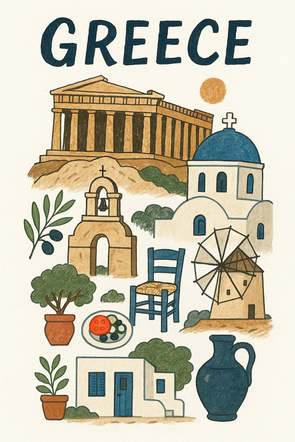 Example output from the Hand Illustrated Travel Poster ChatGPT prompt: Greece