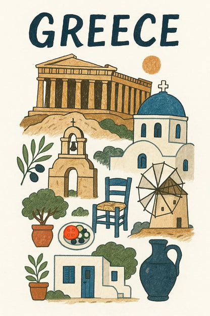 Example output from the Hand Illustrated Travel Poster ChatGPT prompt: Greece
