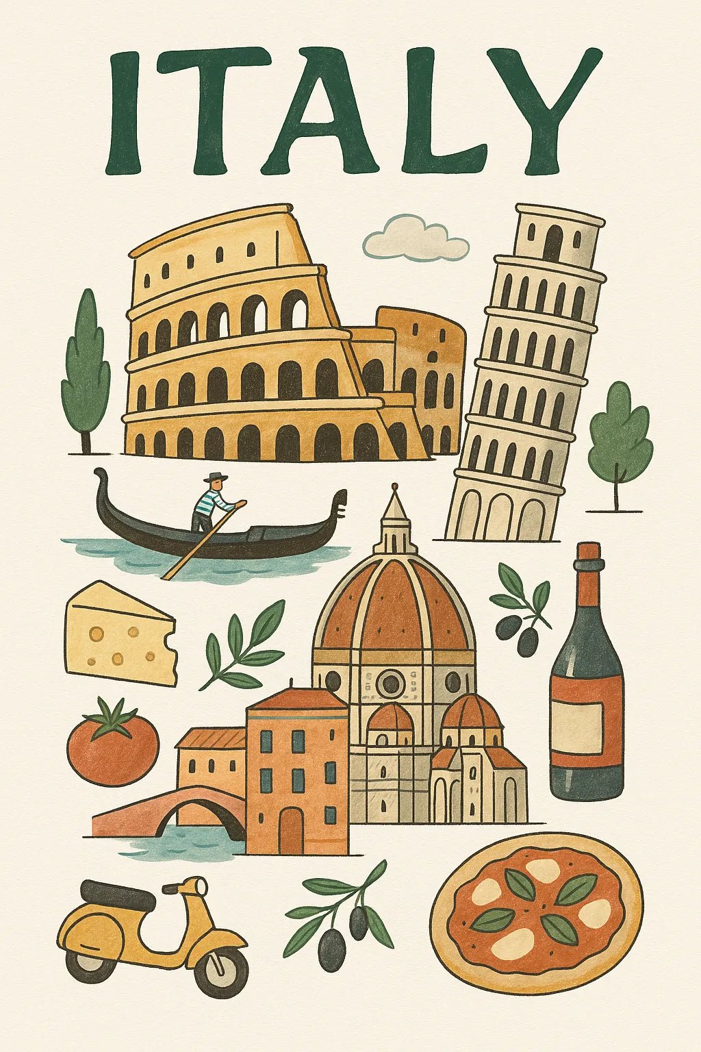 Example output from the Hand Illustrated Travel Poster ChatGPT prompt: Italy