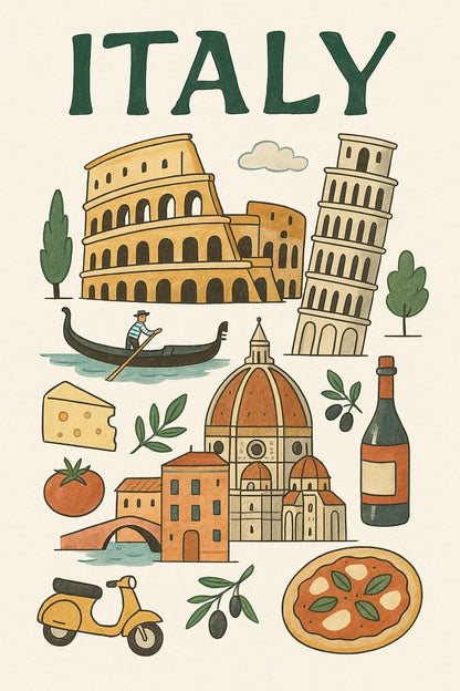 Example output from the Hand Illustrated Travel Poster ChatGPT prompt: Italy