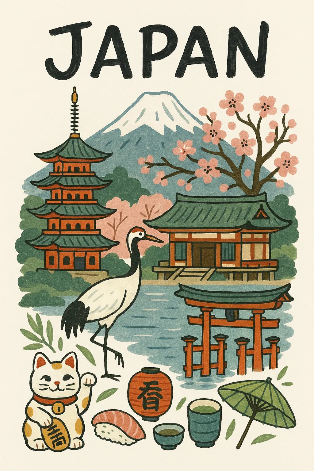 Example output from the Hand Illustrated Travel Poster ChatGPT prompt: Japan