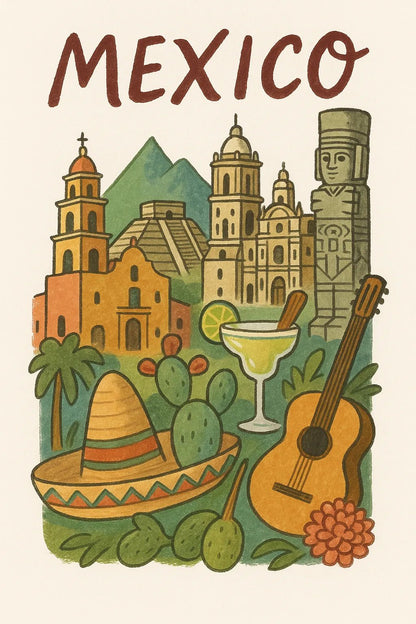 Example output from the Hand Illustrated Travel Poster ChatGPT prompt: Mexico