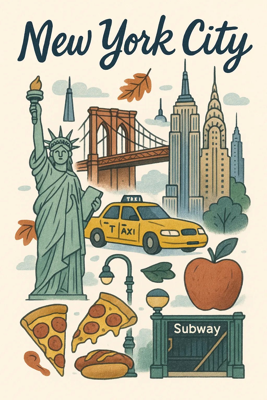 Example output from the Hand Illustrated Travel Poster ChatGPT prompt: New York City