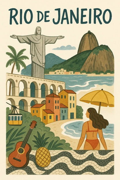 Example output from the Hand Illustrated Travel Poster ChatGPT prompt: Rio de Janeiro