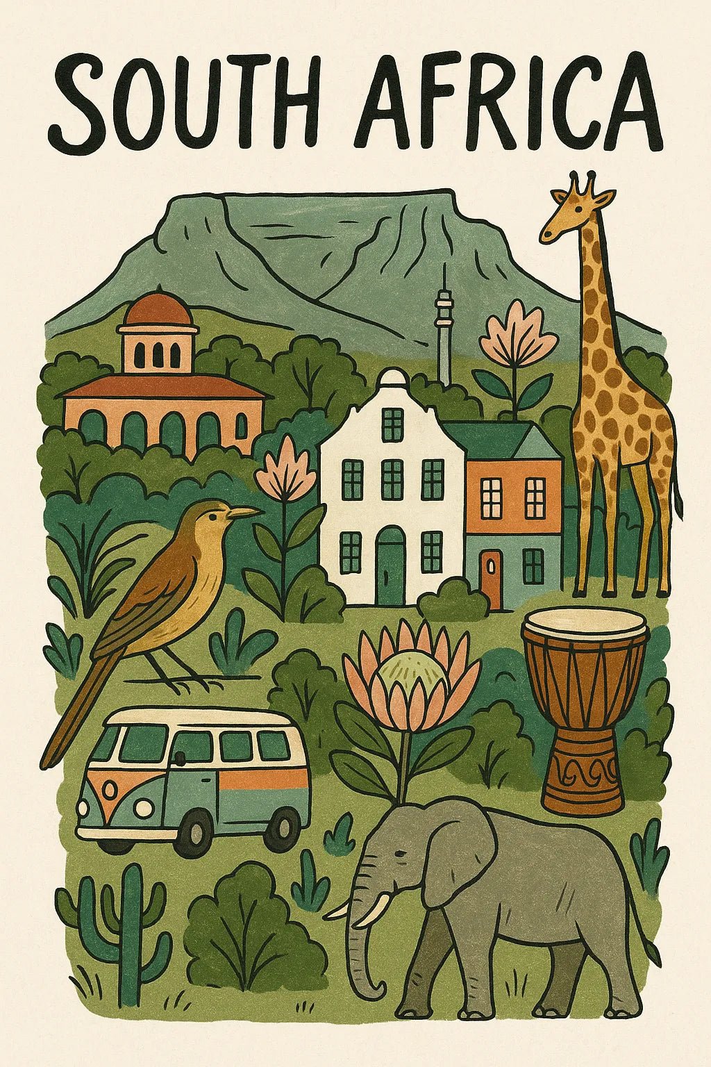 Example output from the Hand Illustrated Travel Poster ChatGPT prompt: South Africa