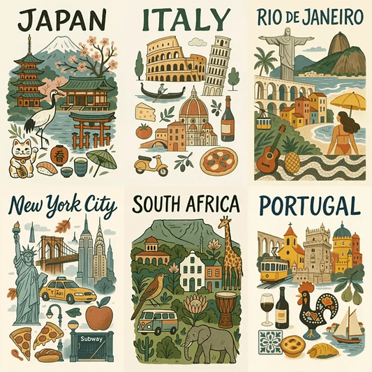 Example output from the Hand Illustrated Travel Poster ChatGPT prompt: six hand-drawn travel posters featuring countries and cities with iconic landmarks, cultural symbols, and clean editorial-style illustration.