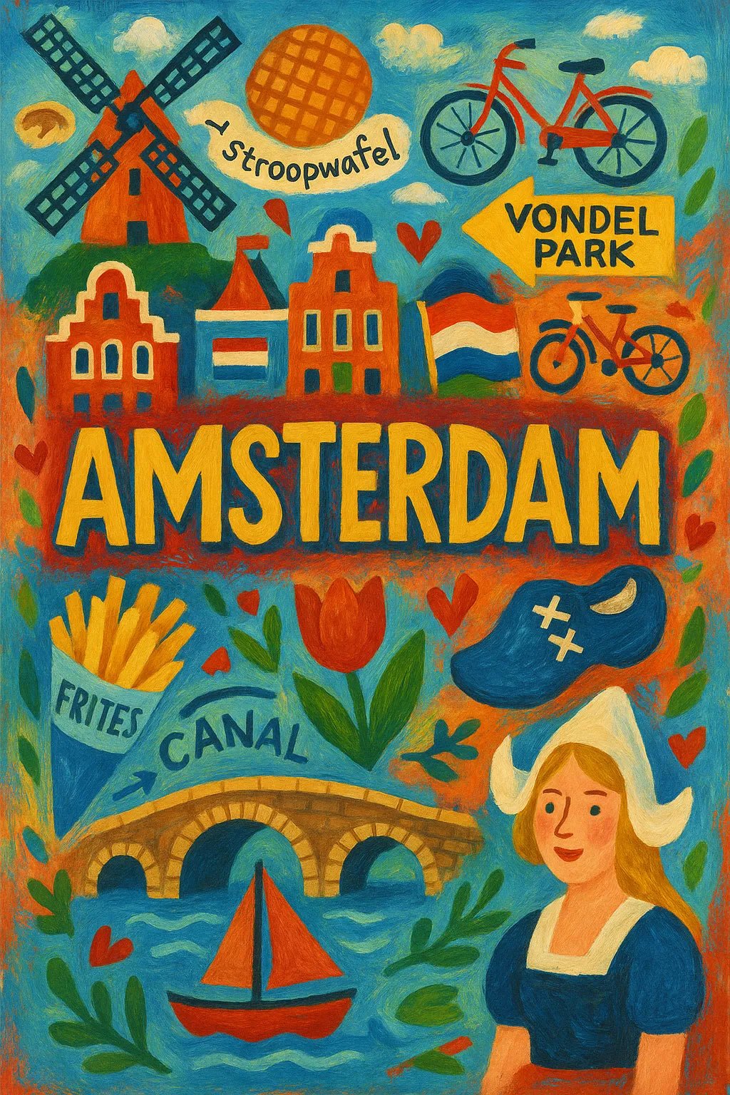 Example output from the Hand-Painted Travel Poster ChatGPT prompt: Amsterdam