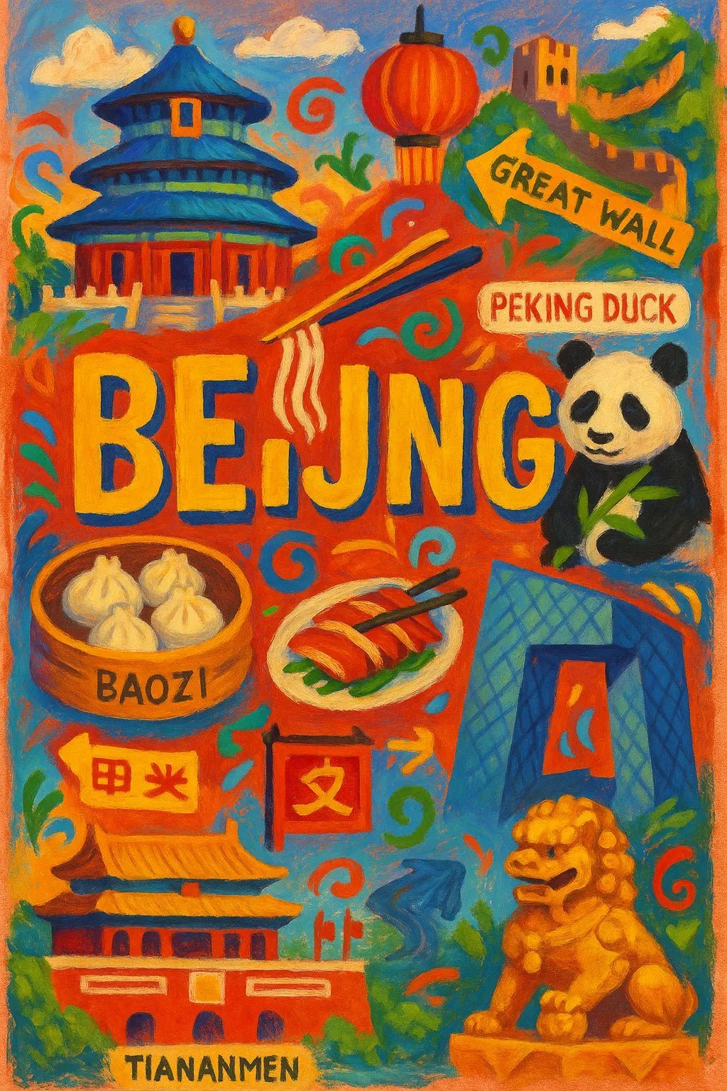 Example output from the Hand-Painted Travel Poster ChatGPT prompt: Beijing