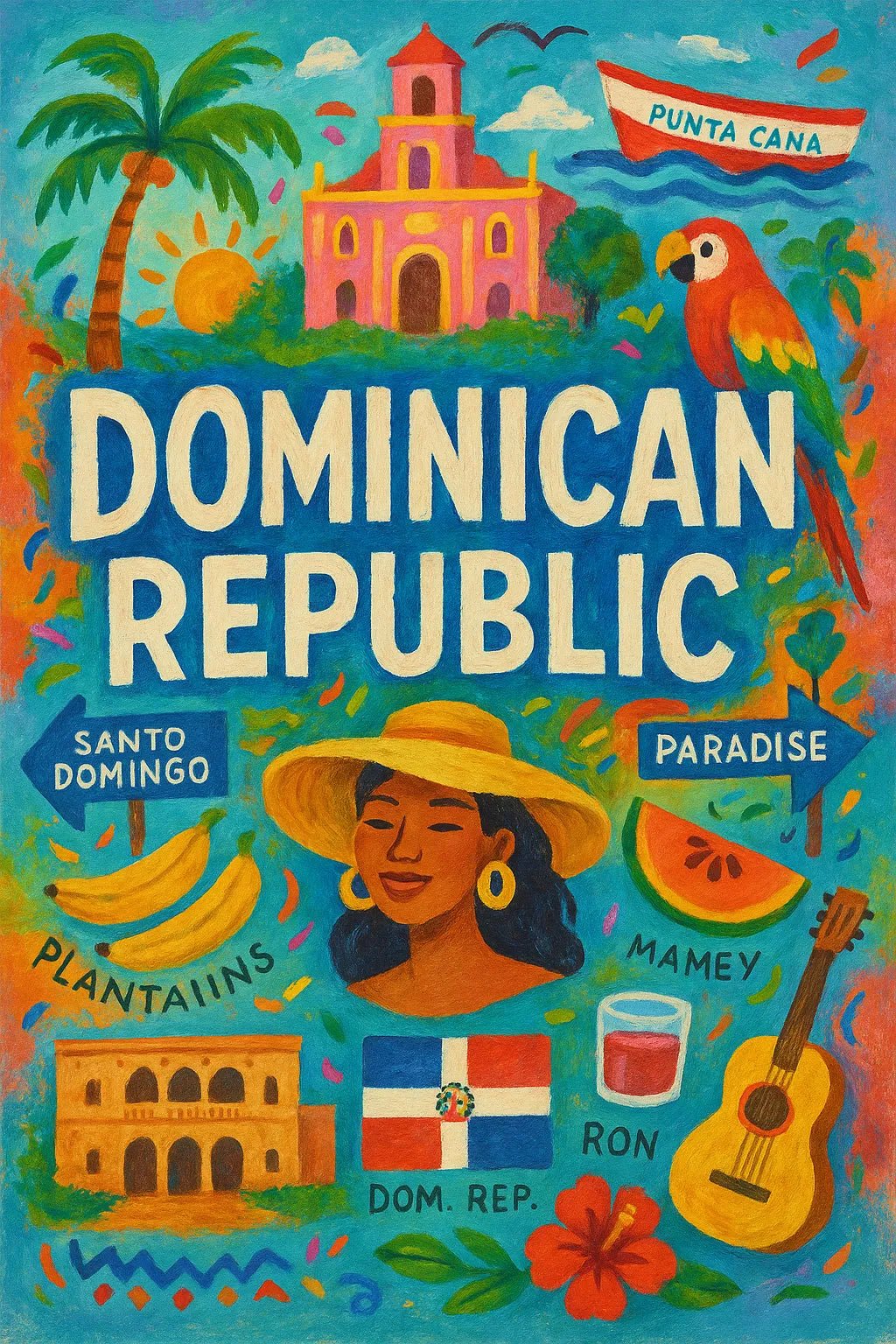 Example output from the Hand-Painted Travel Poster ChatGPT prompt: Dominican Republic