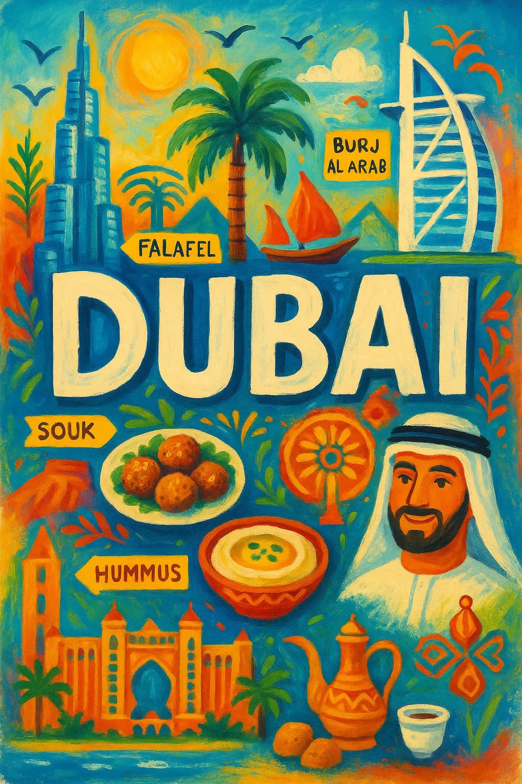 Example output from the Hand-Painted Travel Poster ChatGPT prompt: Dubai