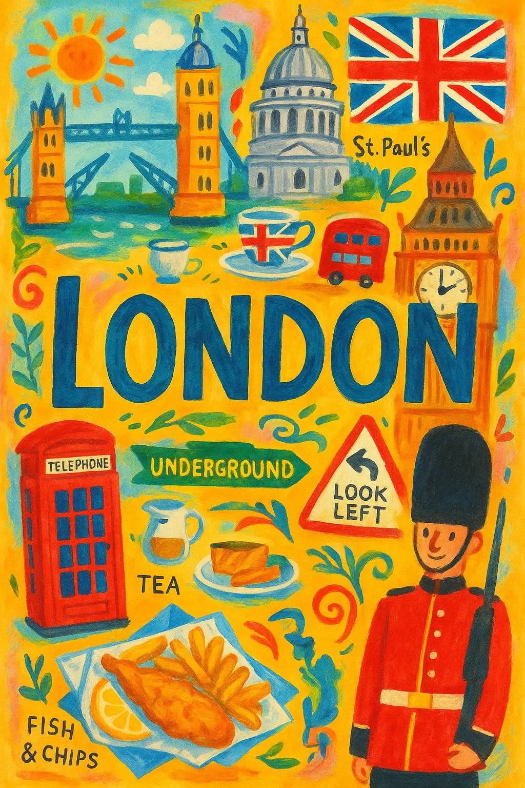 Example output from the Hand-Painted Travel Poster ChatGPT prompt: London