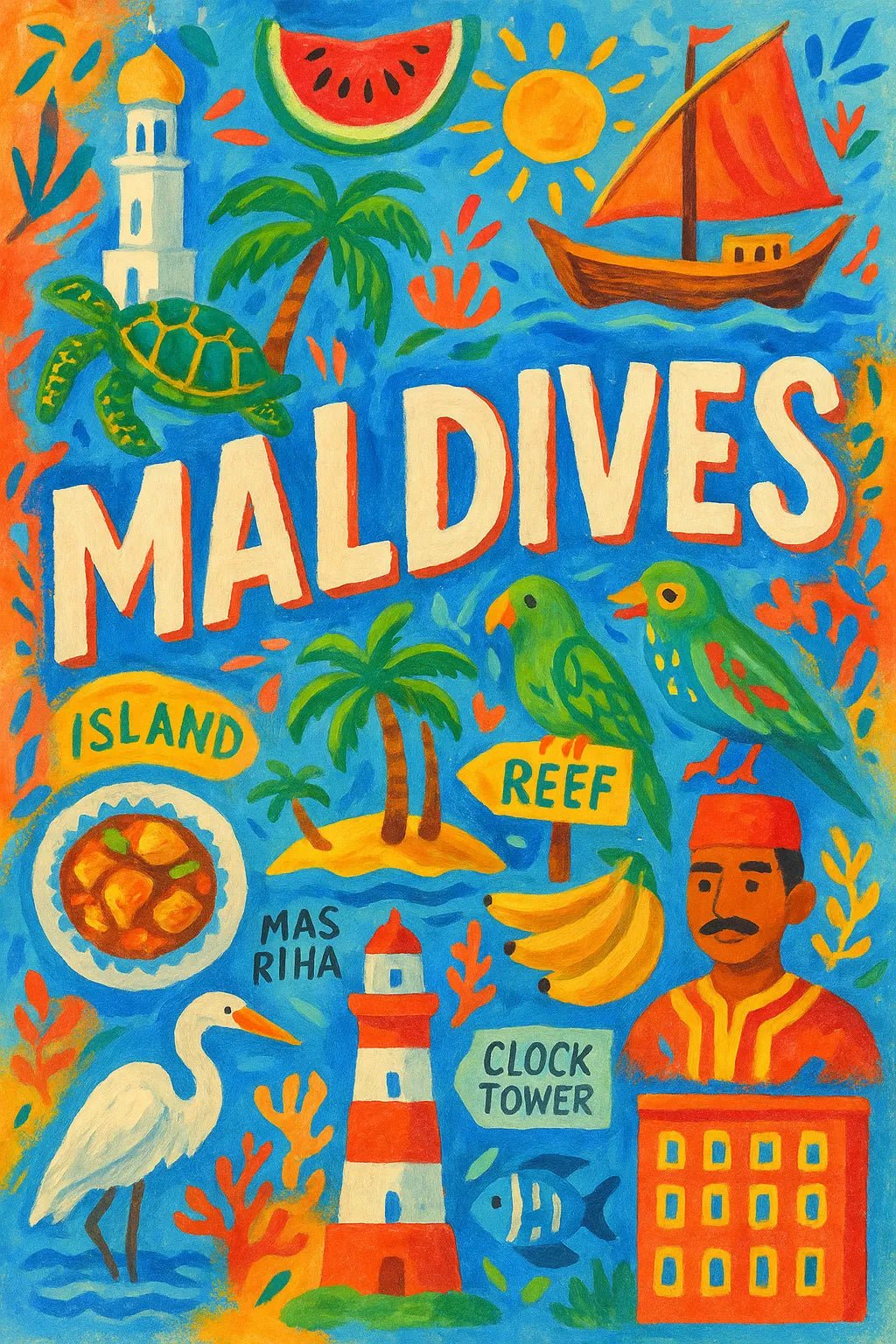Example output from the Hand-Painted Travel Poster ChatGPT prompt: Maldives