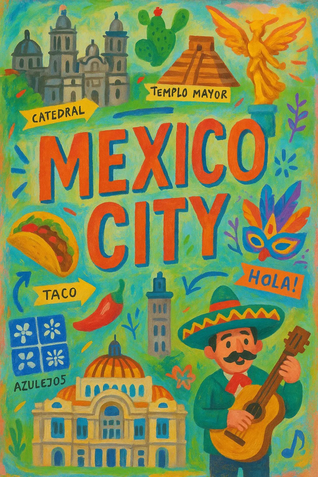 Example output from the Hand-Painted Travel Poster ChatGPT prompt: Mexico City