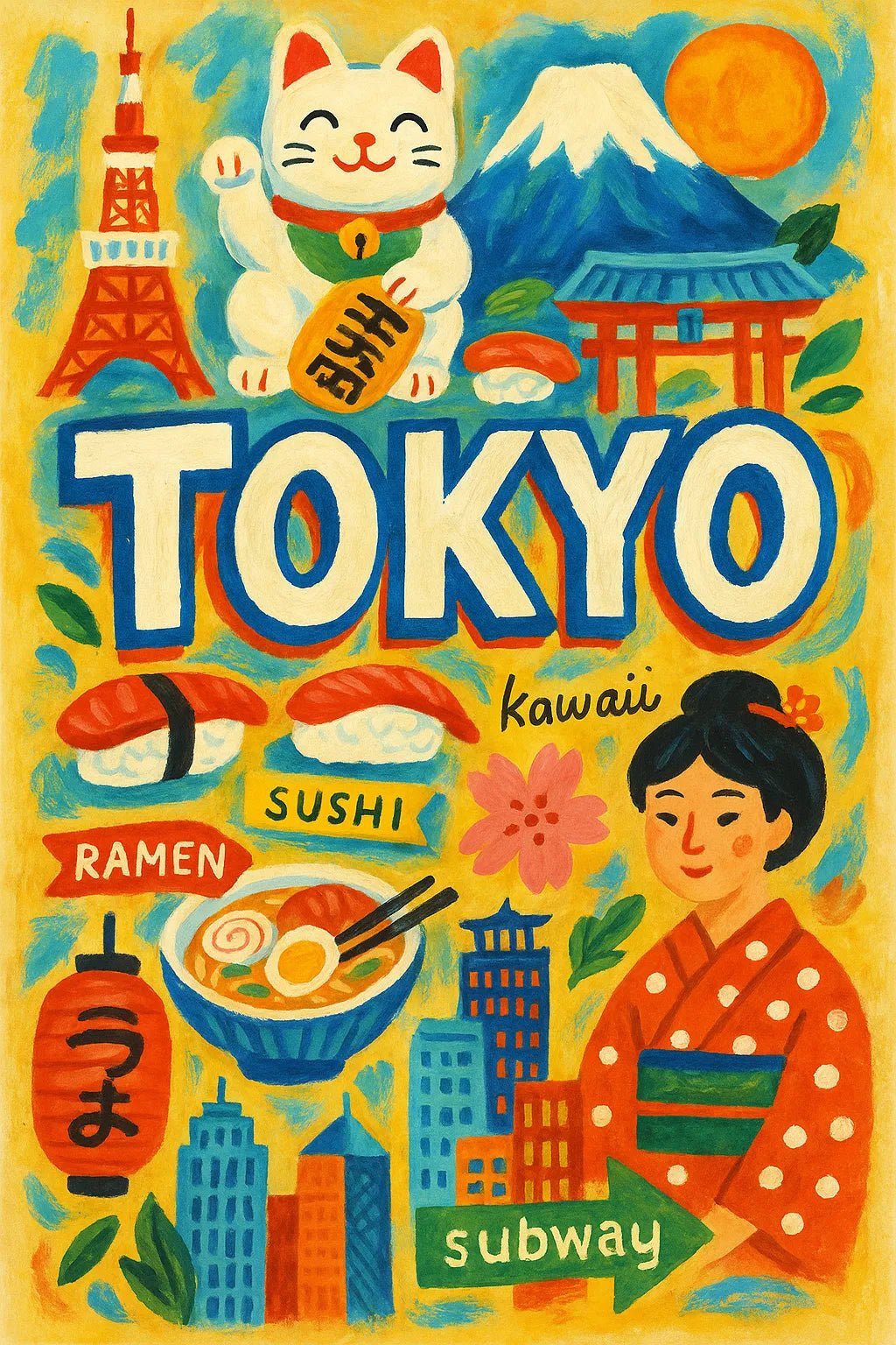 Example output from the Hand-Painted Travel Poster ChatGPT prompt: Tokyo
