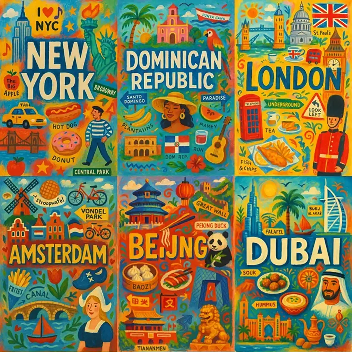 Example output from the Hand-Painted Travel Poster ChatGPT prompt: nine vibrant illustrated travel posters featuring global cities with landmarks, foods, symbols, and rich painterly textures.