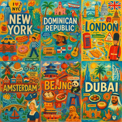 Example output from the Hand-Painted Travel Poster ChatGPT prompt: nine vibrant illustrated travel posters featuring global cities with landmarks, foods, symbols, and rich painterly textures.