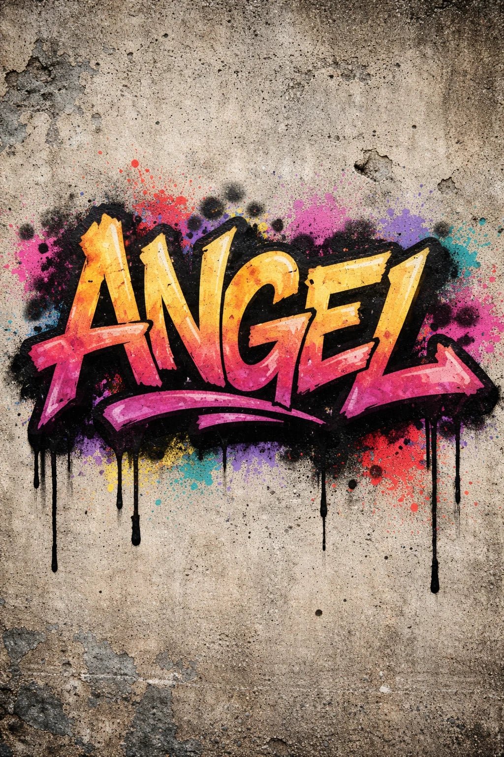 Graffiti-style hand-sprayed lettering text painted on a concrete wall with dripping paint and raw urban texture: Angel