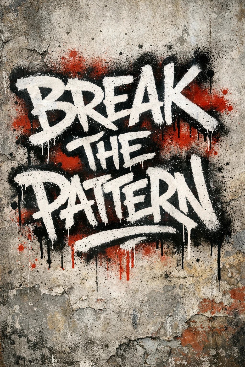 Graffiti-style hand-sprayed lettering text painted on a concrete wall with dripping paint and raw urban texture: Break the Pattern